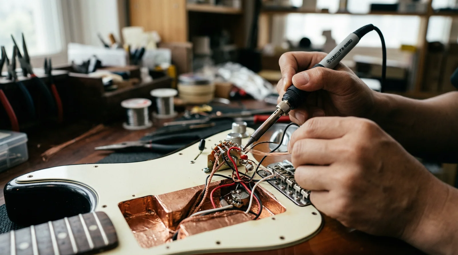 납땜 인두로 기타 배선 작업하는 손